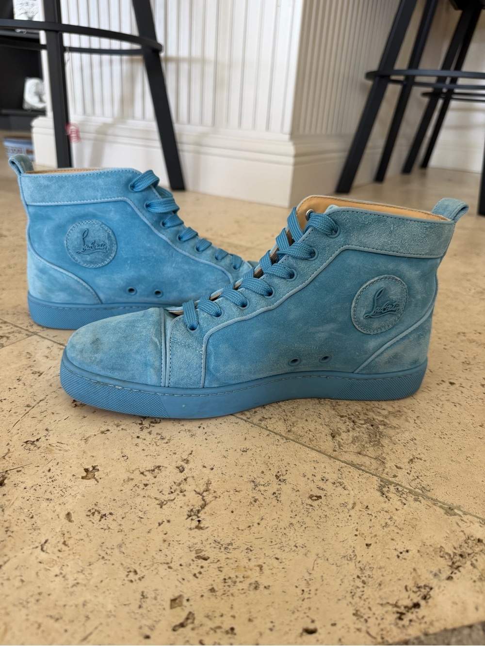Christian Louboutin Men's Light Blue Suede High-Top Sneakers - Picture 2 of 10
